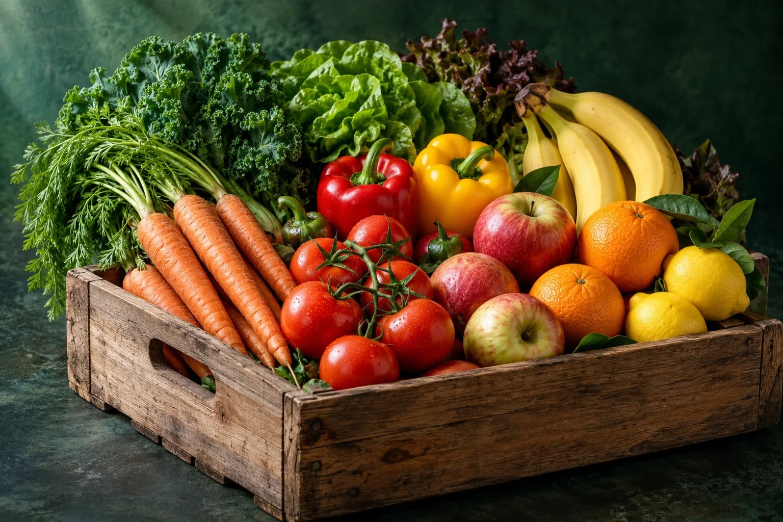 Illustrative fresh vegetables and colourful fruit arranged in a wooden crate