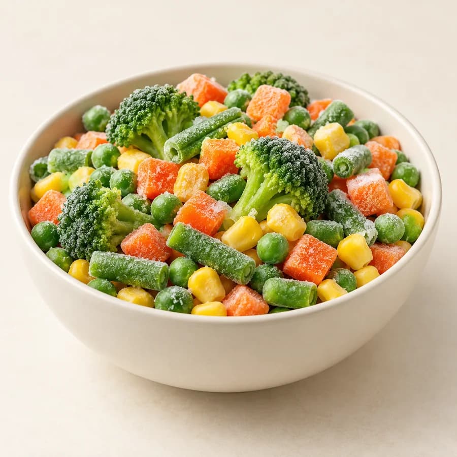 AI illustrative studio photograph of frozen mixed vegetables