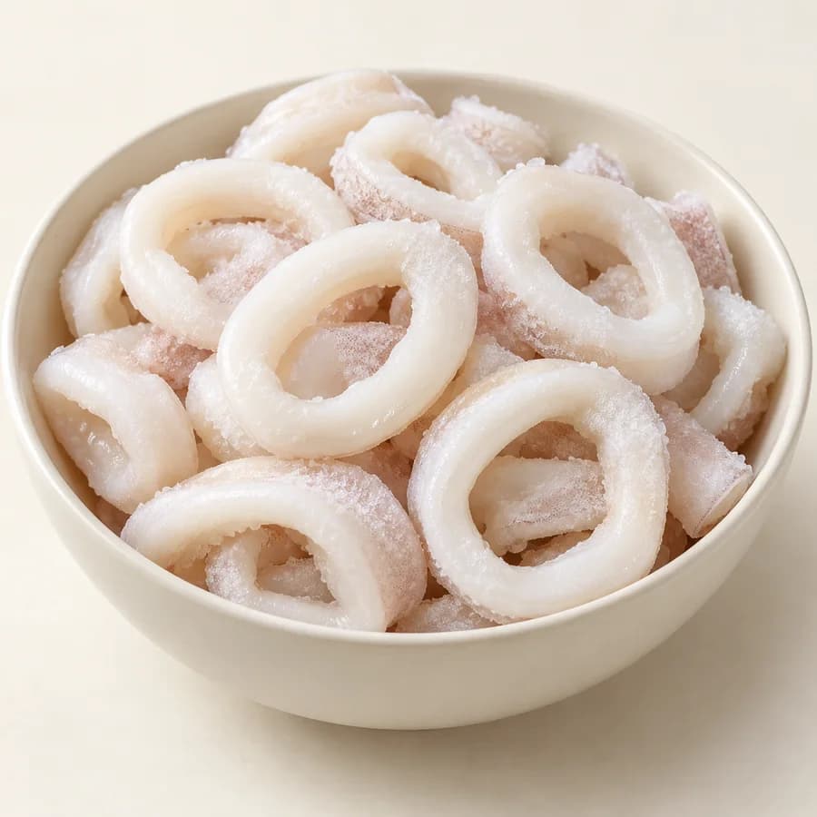 AI illustrative studio photograph of frozen squid rings
