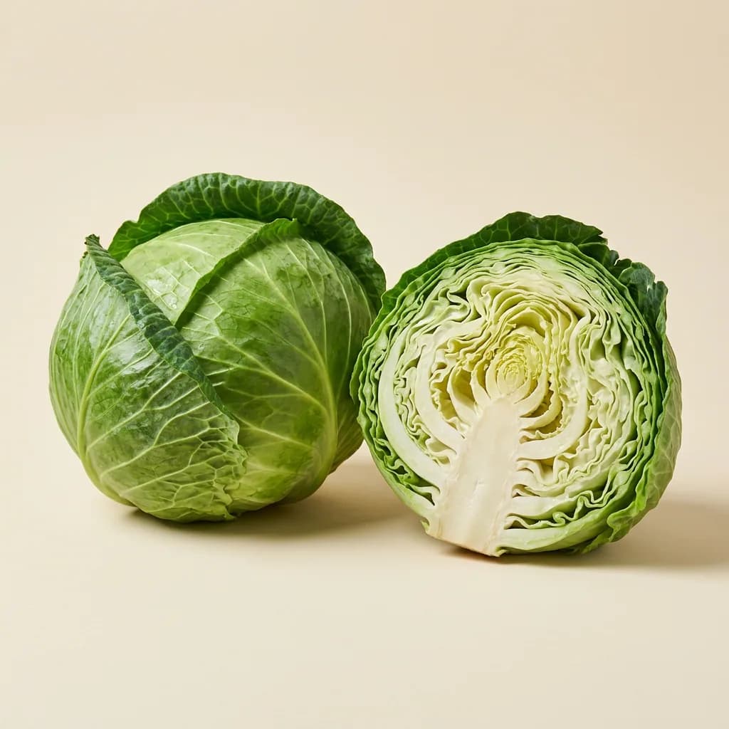 Illustrative studio photograph of green cabbage