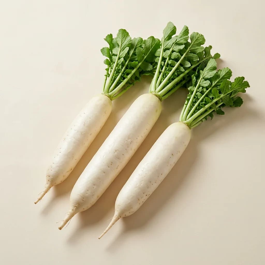 Illustrative studio photograph of white radish (daikon)