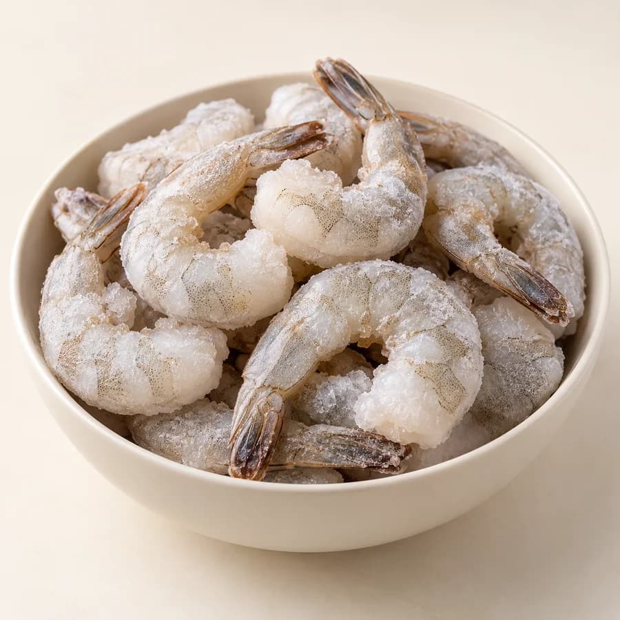 AI illustrative studio photograph of frozen prawns