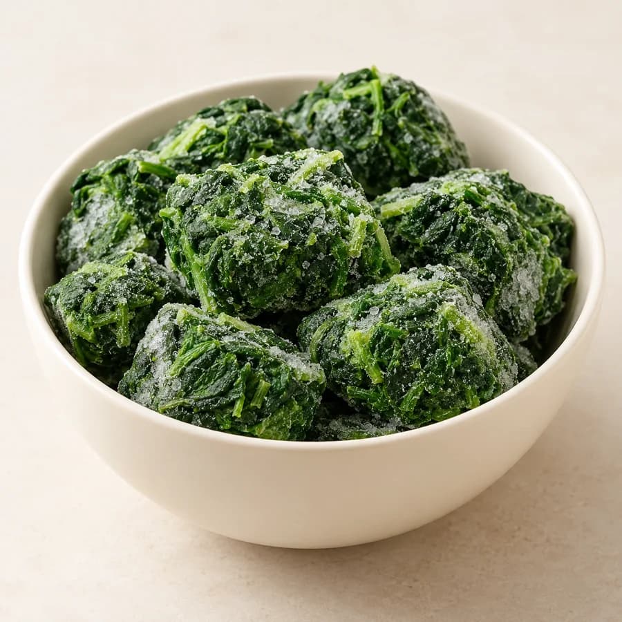 AI illustrative studio photograph of frozen spinach